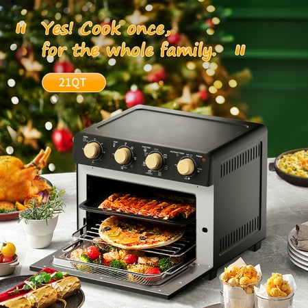 

Fryer Toaster Oven - Black and Gold Toaster 4 Slice 21 QT 1700W Convection Countertop 7-in-1 Combo 360° Rotating Hot Air Heating