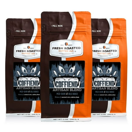 3 pack Fresh Roasted Coffee, Coffiend Blend Coffee, Medium-Dark Roast, Whole Bean, 12 oz