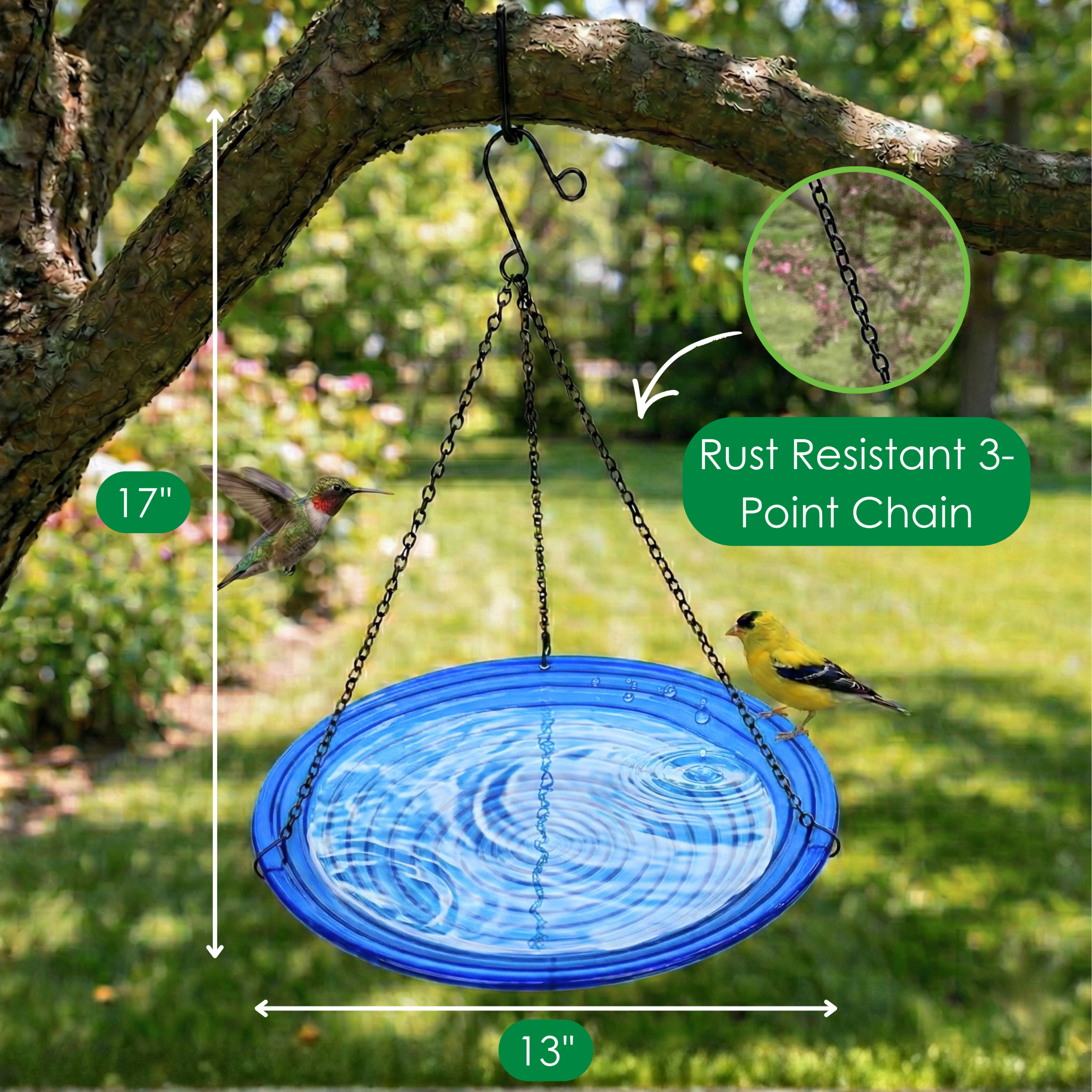 Songbird Essentials Hanging Bird Bath, Outdoor Glass Birdbath, Blue Swirls
