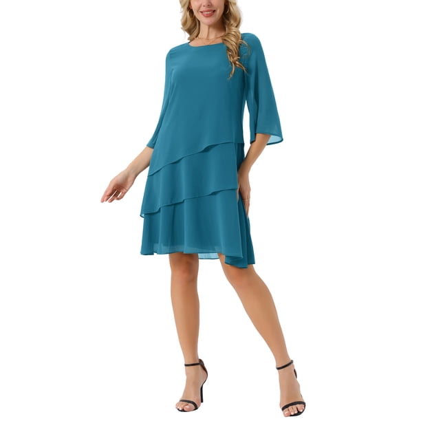 Vestido de gasa con volantes para mujer Inspire Chic, de capas, fluido, de manga 3/4, corte A, hasta la rodilla, color verde pavo real, talla M