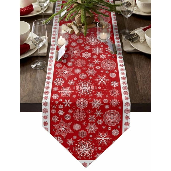 Table Runner Dresser Scarves Christmas Snowflake on Red White Cotton Linen Burlap Table Cover Geometric Texture Art Table Runners for Family Kitchen Dining Holiday Party Banquet Decor