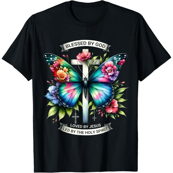 Blessed by God Loved by Jesus Christian Jesus Butterfly. T-Shirt