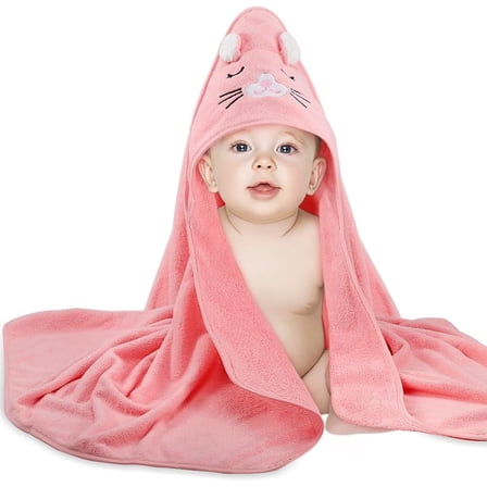 Baby Bath Towel,Ultra Soft Hooded Baby Towel,Toddler Bath Towels with Animal Design,Absorbent Baby Hooded Towel Shower Gifts for Baby Boys Girls,31.5x31.5 inch(Purple and Pink Kitten)
