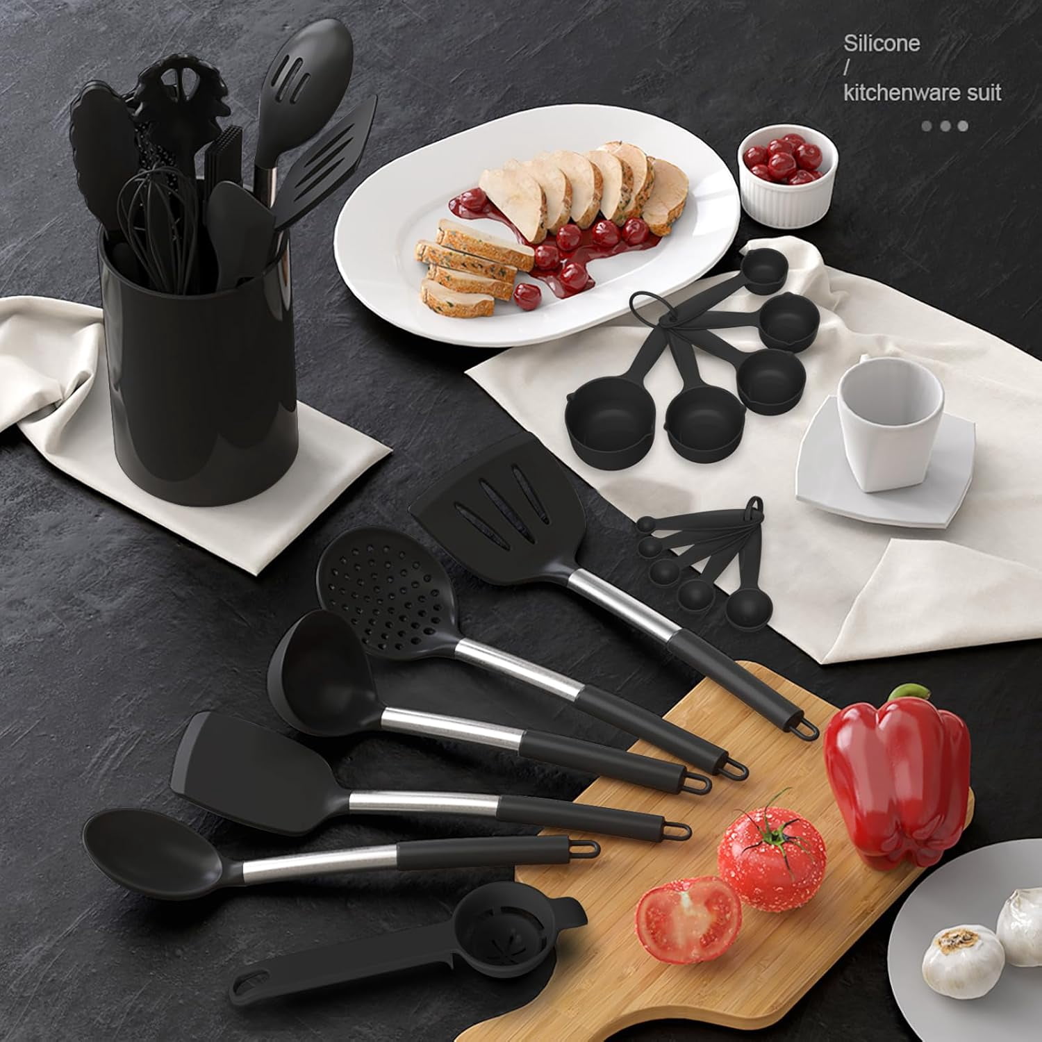 Large Silicone Cooking Utensils Set - Heat Resistant Kitchen Utensils Sets,Spatula,Spoon,Turner Tongs,Brush,Whisk,Stainless Steel Silicone Cooking Utensil for Nonstick Cookware Dishwasher Safe (Black