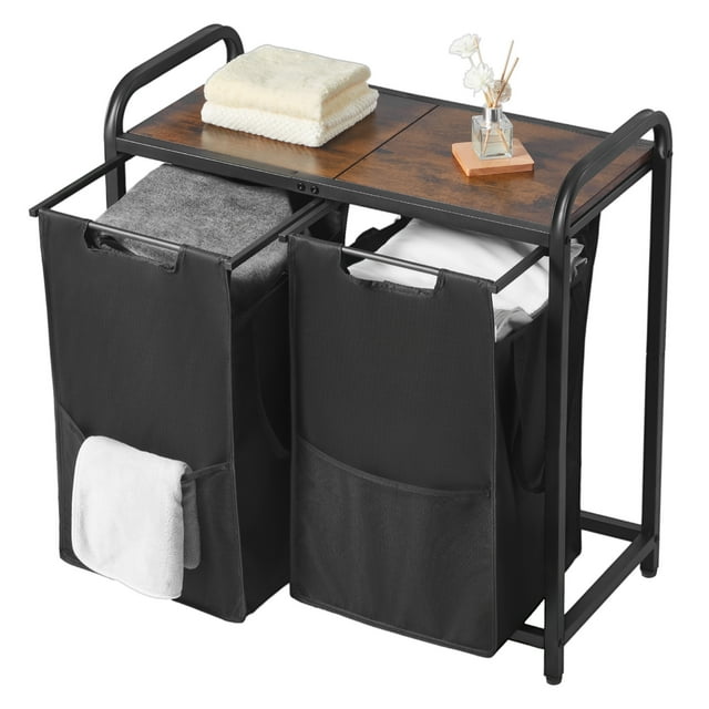 KFFKFF 2 Section Laundry Sorter, Large Laundry Hamper with Metal Frame and Wooden Tabletop, Freestanding Storage Organizer Baskets