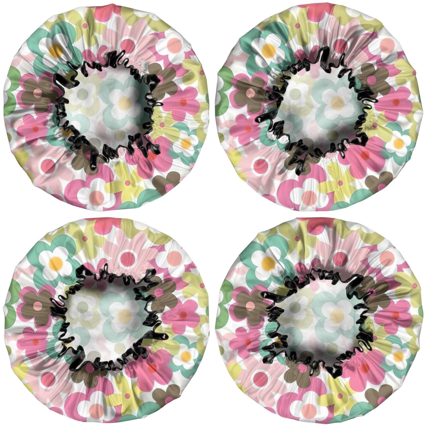 Shower Caps,Pioneer Flower Floral Print Pattern Waterproof Shower Cap for Women 4 Pieces,Double Reusable Hair Cover for Shower PEVA Elastic Stretch Hem