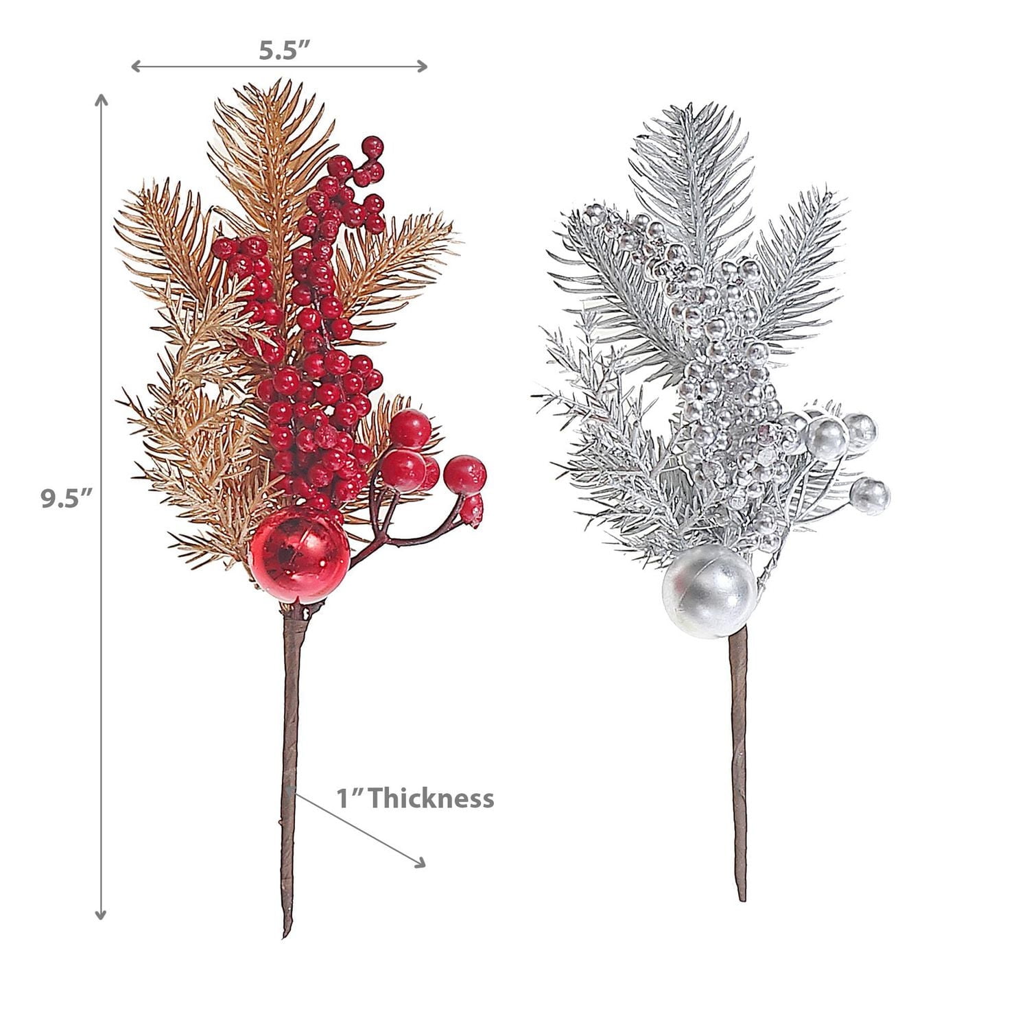 Christmas Berries And Ornament With Pine Leaves Pick - Set of 6