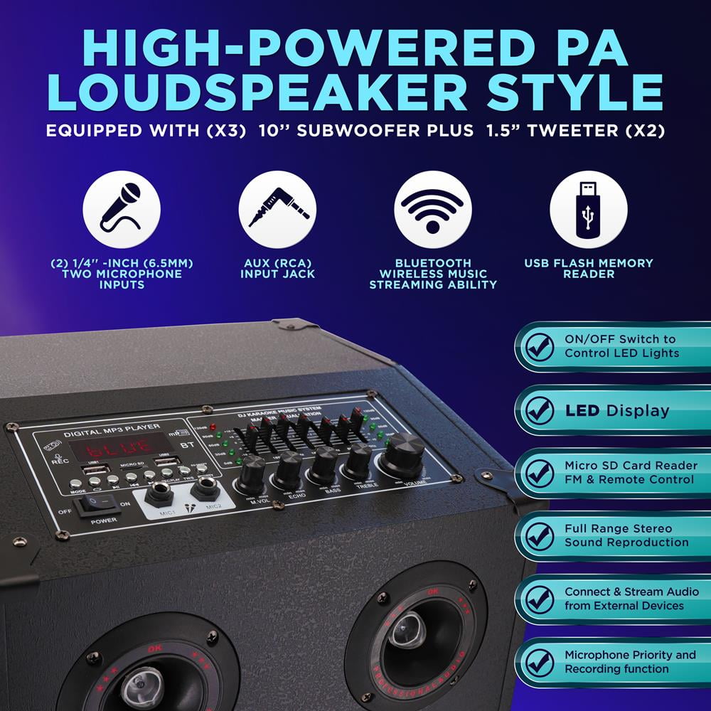 Buy 3x10” Portable Bluetooth PA Karaoke Speaker System, 1600 Watt