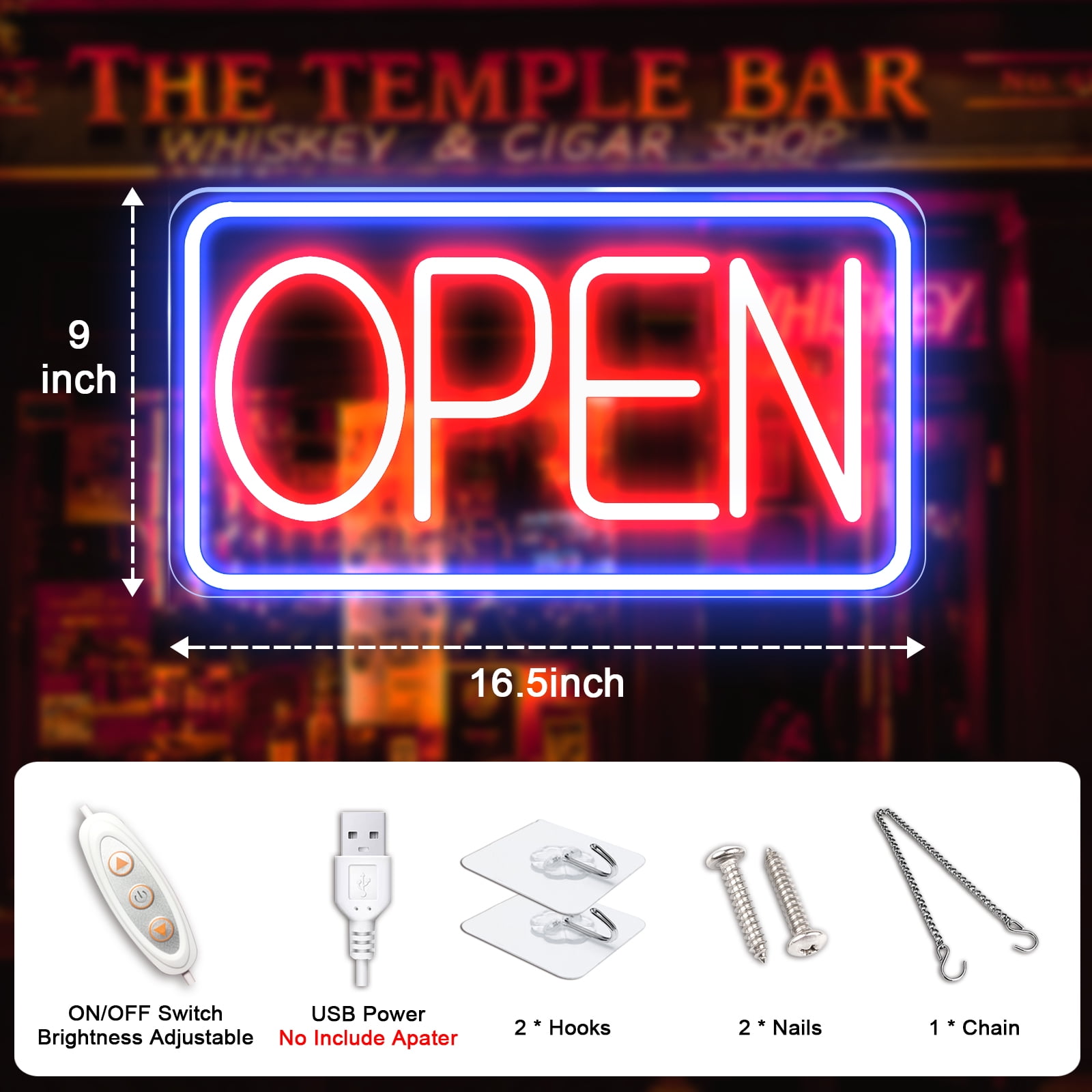 KENFARI Led Neon Open Signs for Business, 16.5''x 9'' Powered by 5V USB with Adjustable Bright Switch