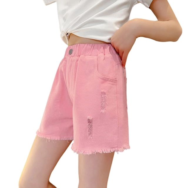 Rhuody Shorts For Girl Elastic Waist Summer Solid Color Slacks Kids Staight Leg Trouser Retro Wear Pink 10-11 Years