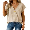thumbnail image 4 of MEICHEN Women's Cotton Linen T Shirt Short Sleeve Wrap Style V Neck Top Casual Loose Fit Top Summer Essentials Tops for Women, 4 of 8