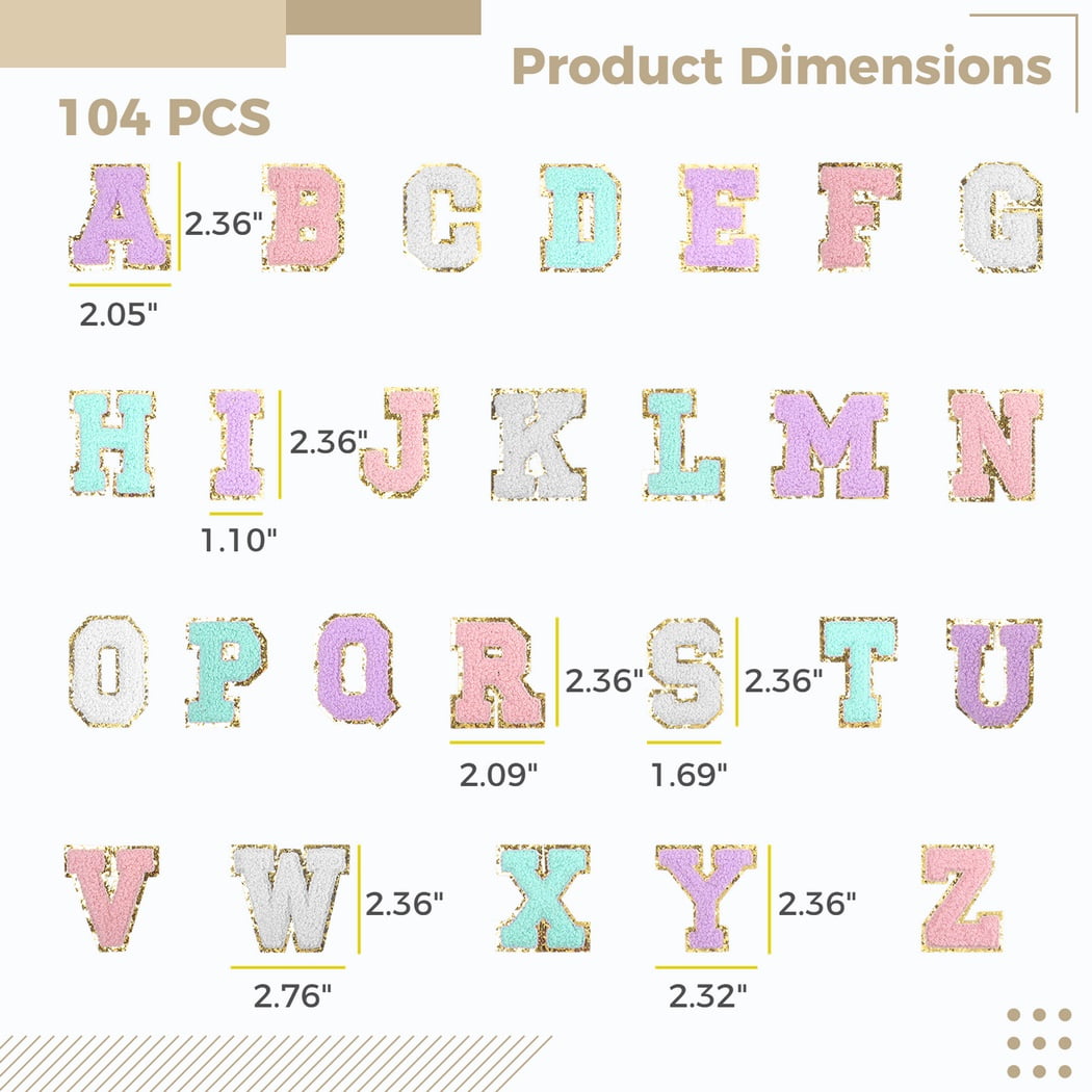 104PCS Chenille Letter Patches, Colorful Iron on A-Z Letter
