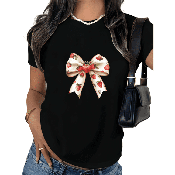 Black Print Tshirt Graphic Tees Strawberry Bow Coquette Coquette Inspired Personalized Graphic Wear S-5XL Tops