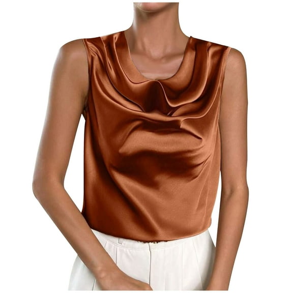 UYISJ Women's Satin Silk Tank Tops Cowl Neck Drape Ruched Front Sleeveless Camisole Tops Dressy Shirts Brown XS