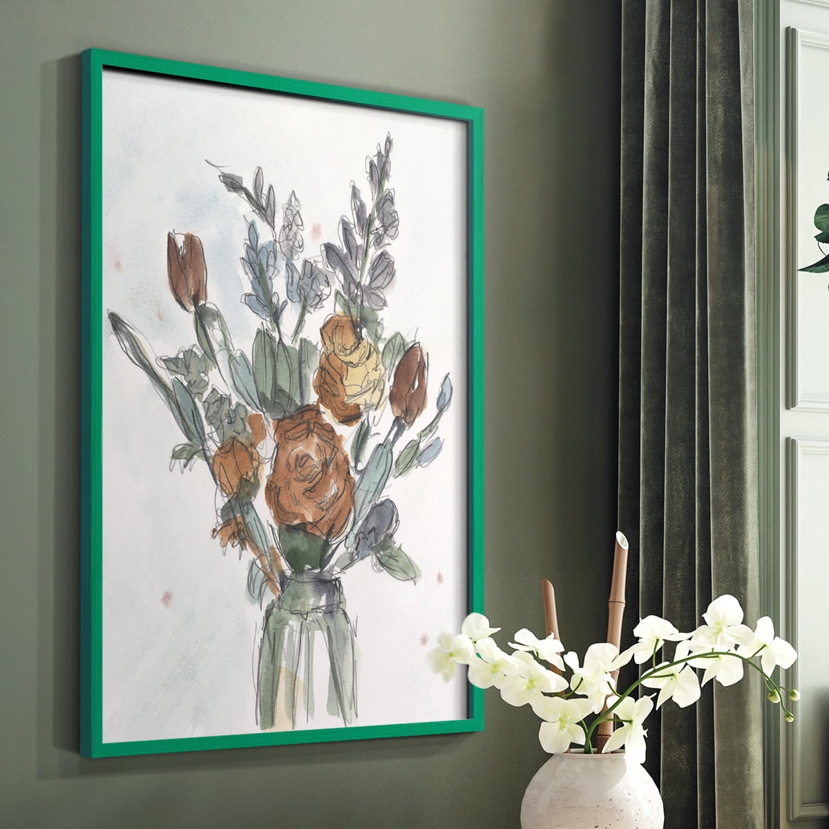 Watercolor Floral Arrangement II Framed Print in Green Solid Wood 11 x 14 Framed Print