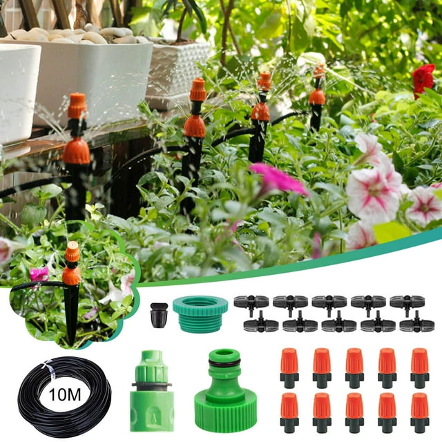 Heliisoer 32FT Greenhouse Drip Irrigation Kit Automatic Irrigation System Patio Misting Plant Watering System Blank Distribution Tubing Hose Adjstable Nozzle Emitters