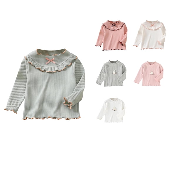 Antinious Toddler Girls Lace Ruffle Solid Long Sleeve Round Neck Breathable Casual Undershirts