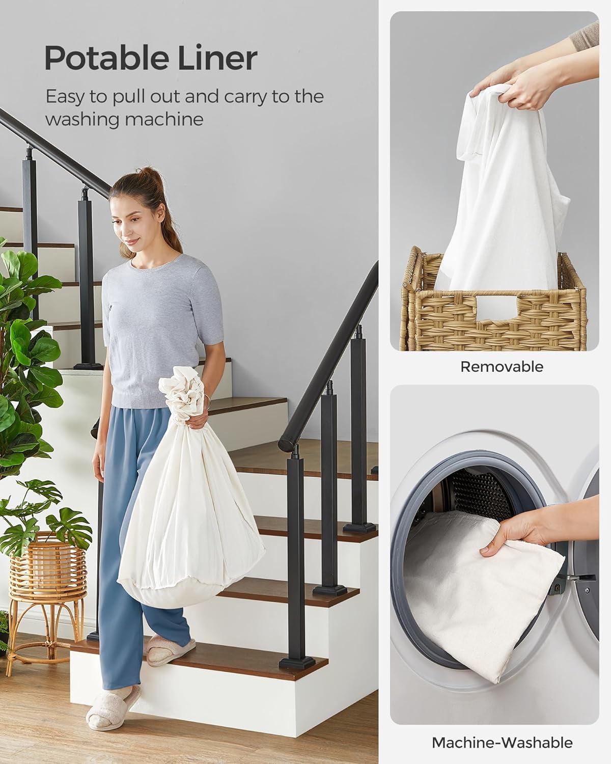 Laundry Hamper with Lid, 37 Gallons Rolling Laundry Basket with Wheels, 3-Section Synthetic Rattan Bedroom, 26 x 13 x 26 Inches, Natural