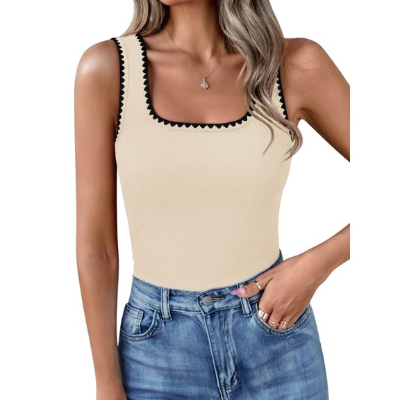 Women's Square Neck Tank Tops Summer Sleeveless Shirts Casual Slim Fitted Color Block Ribbed Tanks Color S