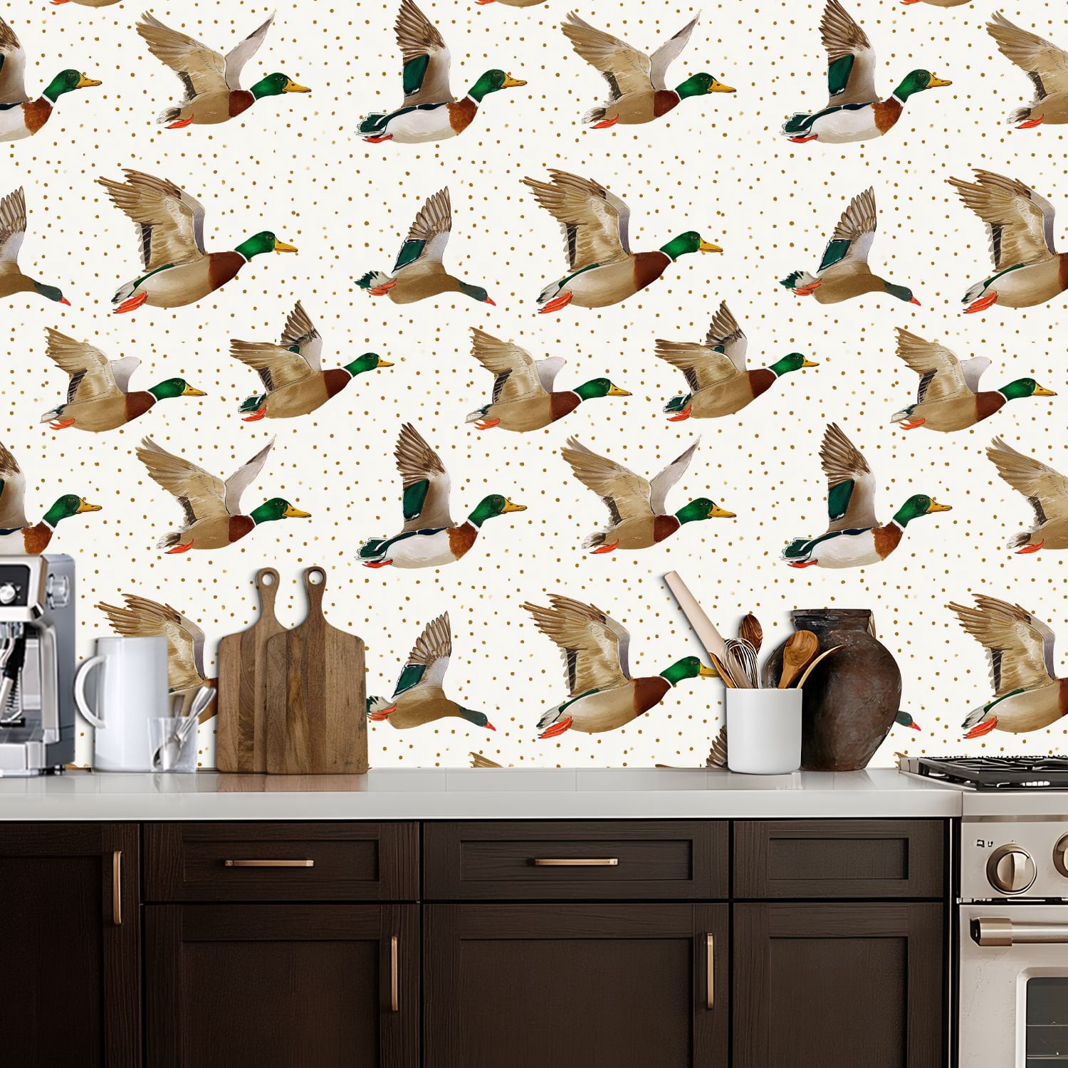 Peel and Stick Wallpaper Mallard Ducks Soft Pastel Colors Gold Accents Wall Mural 17.7in x 9.8ft Self Adhesive Removable Wall Paper Renter Friendly Wallpaper for Nursery Bedroom Cabinets