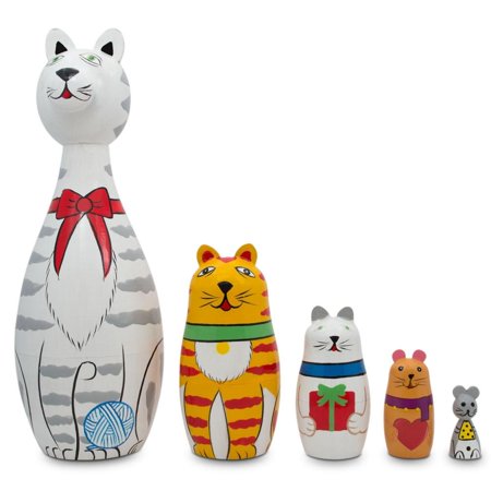 Tabby, Siamese, Maine Coon & Mouse Cats Wooden Russian Nesting Dolls 7