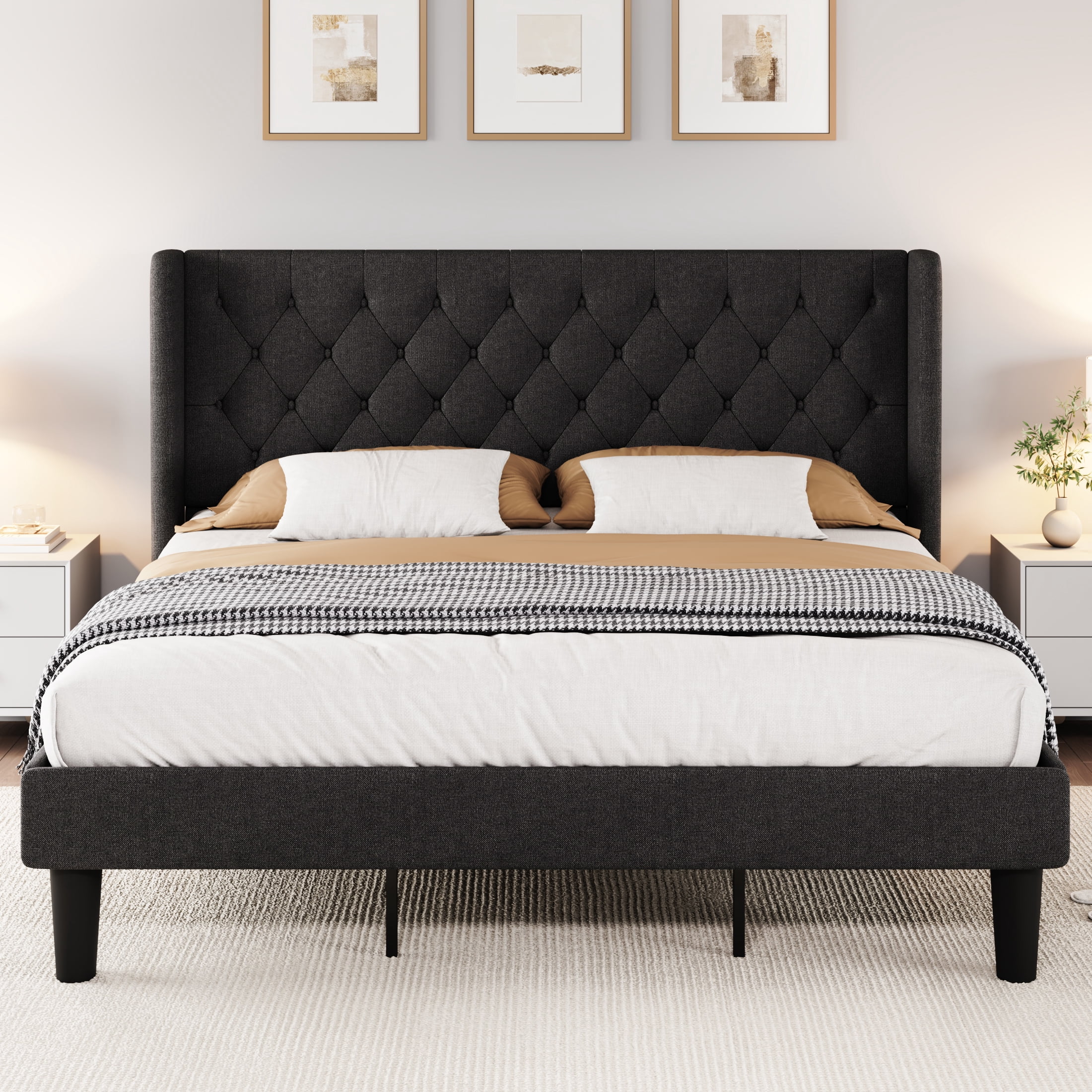 SHA CERLIN King Size Platform Bed Frame with Fabric Wingback&Tufted Upholstered Headboard, Dark Grey
