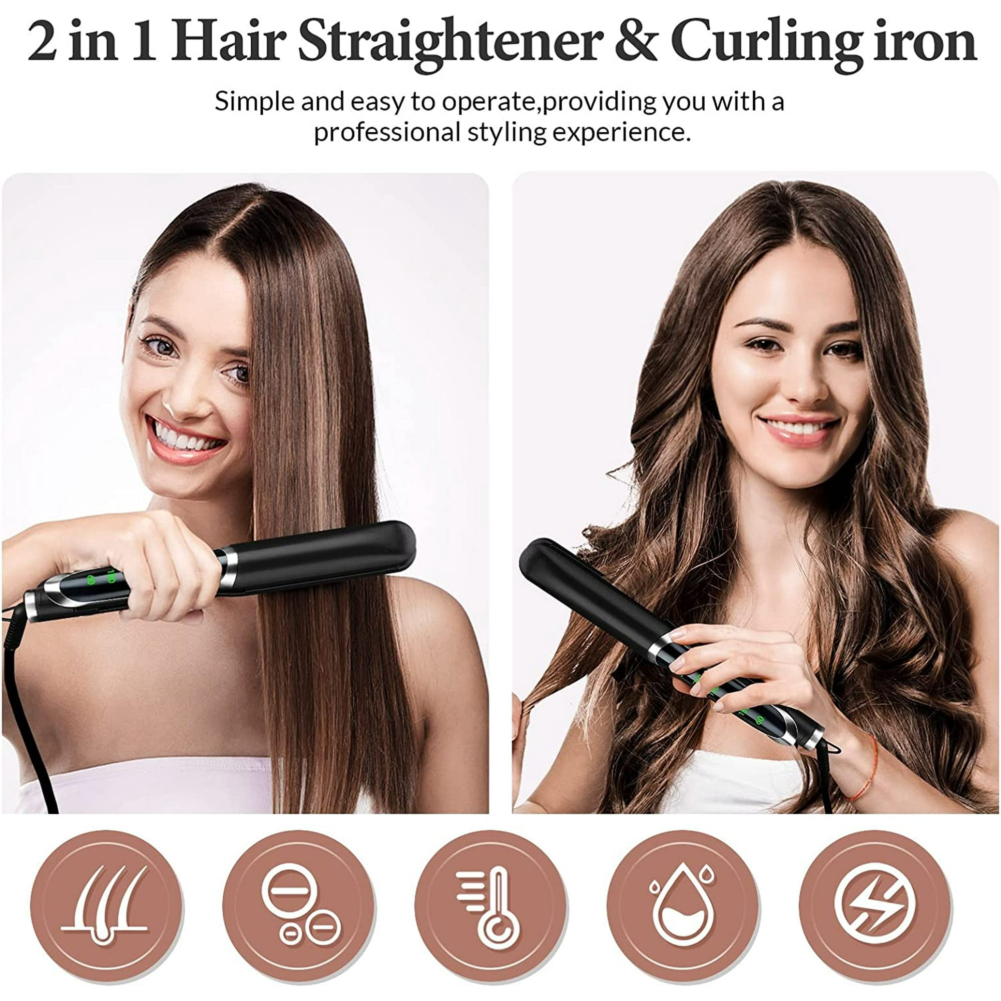 Yeuweold Professional Hair Straightener 2 In 1 Curler Straightener Tourmaline Ceramic Plates With Lcd Display 6 Level Temperature Adjustable For Sho