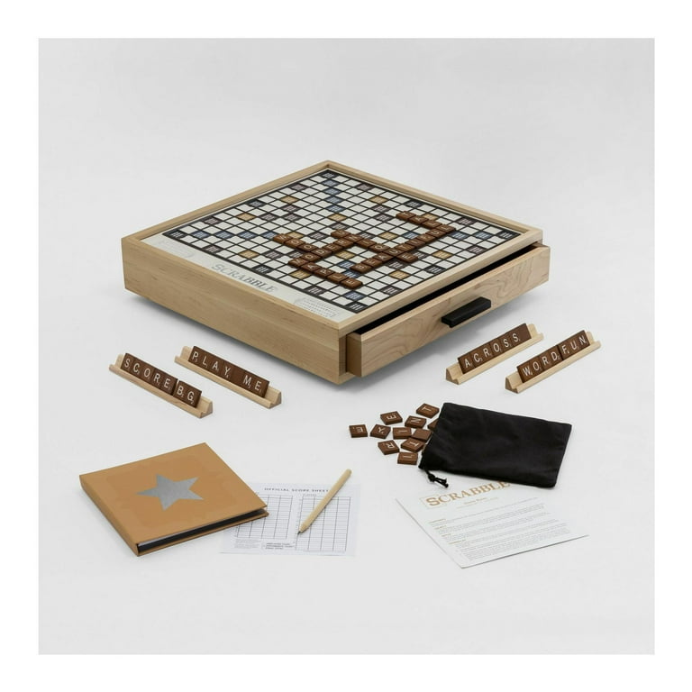 WS Game Company Scrabble Luxe Maple Edition with Rotating Solid Wood Cabinet
