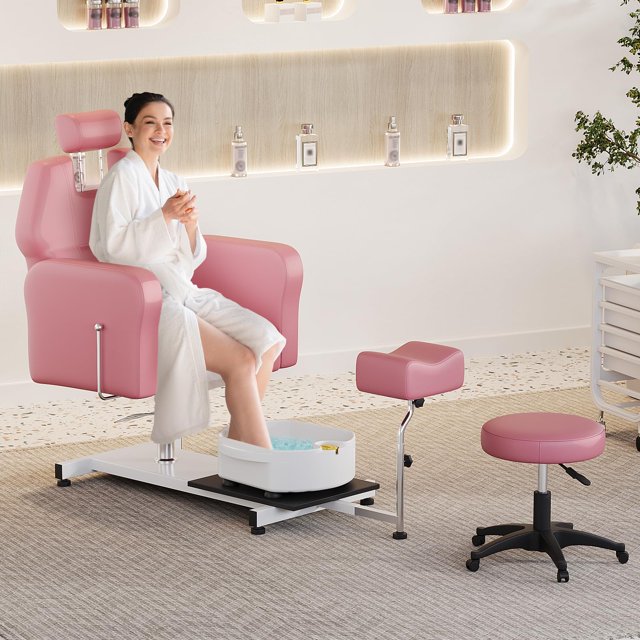 GloryStar Chaise de Pédicure Rotation 360° Station de Pédicure Portable avec Repose-Pieds Réglable et Bol de Massage, Tabouret de Pédicure Roulant Sans Plomberie pour Salon de Beauté Salon Maison
