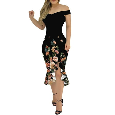 

Juebong Women Off Shoulder Dress With Irregular Ruffled Hem Pattern Mid Length Dress Cold Shoulder One Piece High Waist Dress Long Beach Vacation Dresses