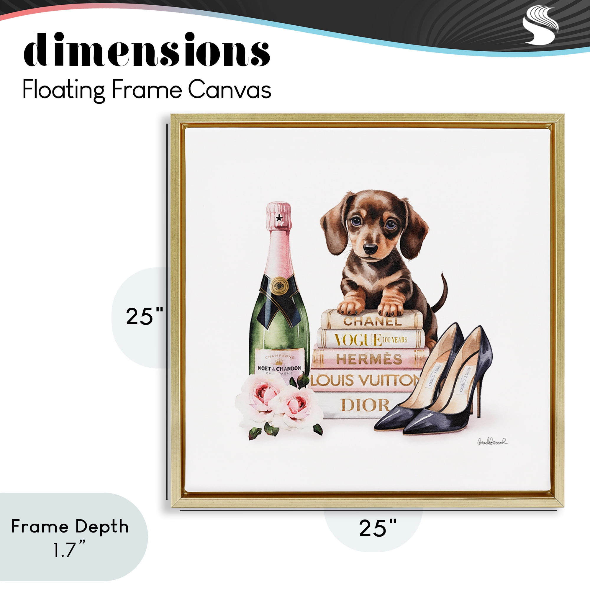 Stupell Industries Luxury Books & Puppy Gold Framed Floater Canvas Wall Art, design by Amanda Greenwood