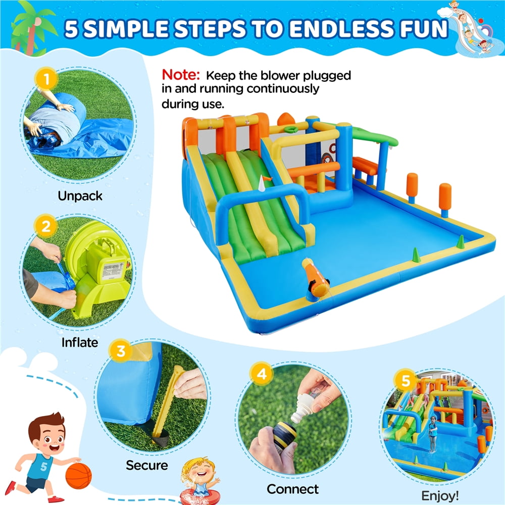 Yaheetech Water Inflatable Bounce House with Slides, Blower, Blue/Orange