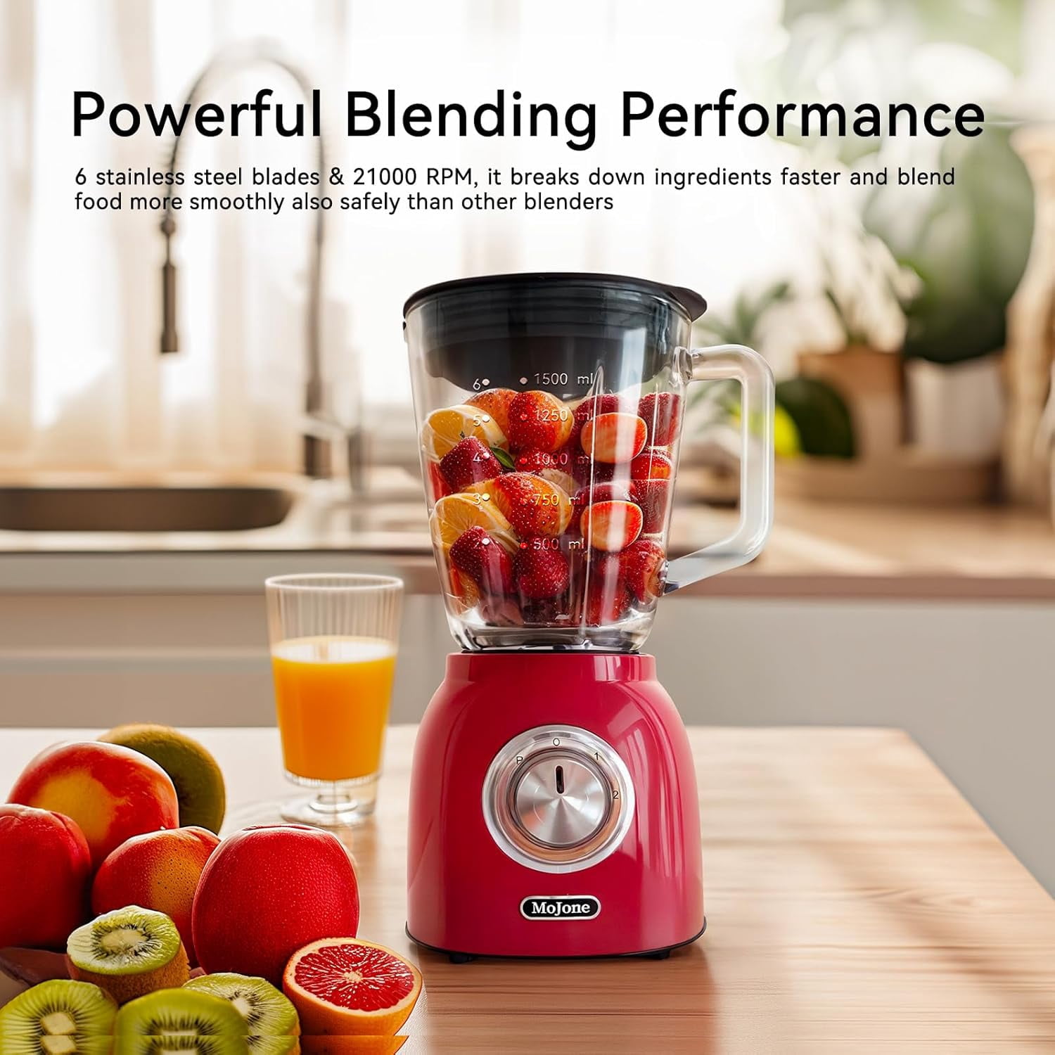 Powerful Kitchen Blender with 1.5L Glass Jar, 21000RPM High Speed, 6pcs 304 Stainless Steel Blades