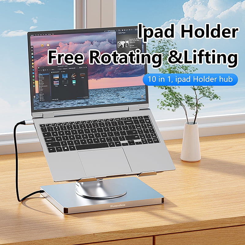 10-in-1 Aluminum iPad Holder & Docking Station, 4K 60Hz USB-C Hub, 5Gbps USB 3.0, 100W PD Charger for Laptop/Desktop
