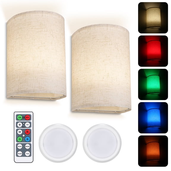 Neoglint RGBW Retro Wall Lamp Fabric Shade Wall Sconce Dimmable Wall Light Fixtures with Remote Controller for Bedroom Living Room, 2 Packs