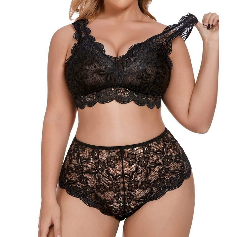 Vedolay Bra And Panty Set Plus Size 2 Piece Lingerie for Women Strappy Bra  and Panty Underwear Sets Lace Underwear Set for Women(Black,4XL) 