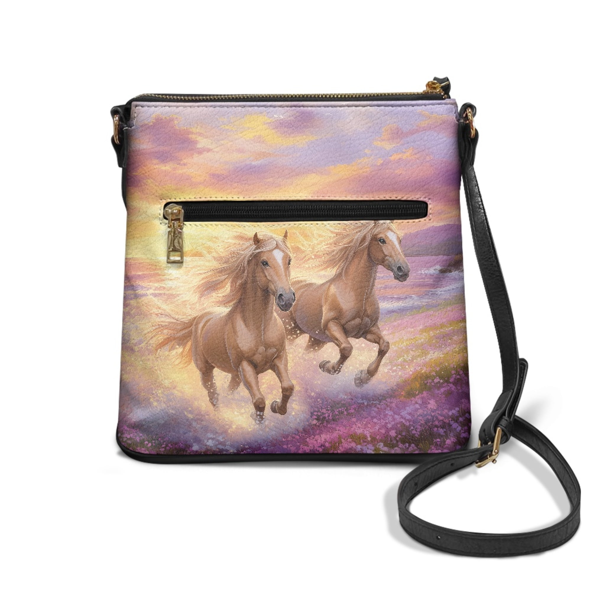 Kuiaobaty Horse Sunset Flower Print Crossbody Bag for Women, Trendy Portable Leather Satchel Purse Crossbody, Multi Pockets Messenger Handbag with Adjustable Strap for Travel