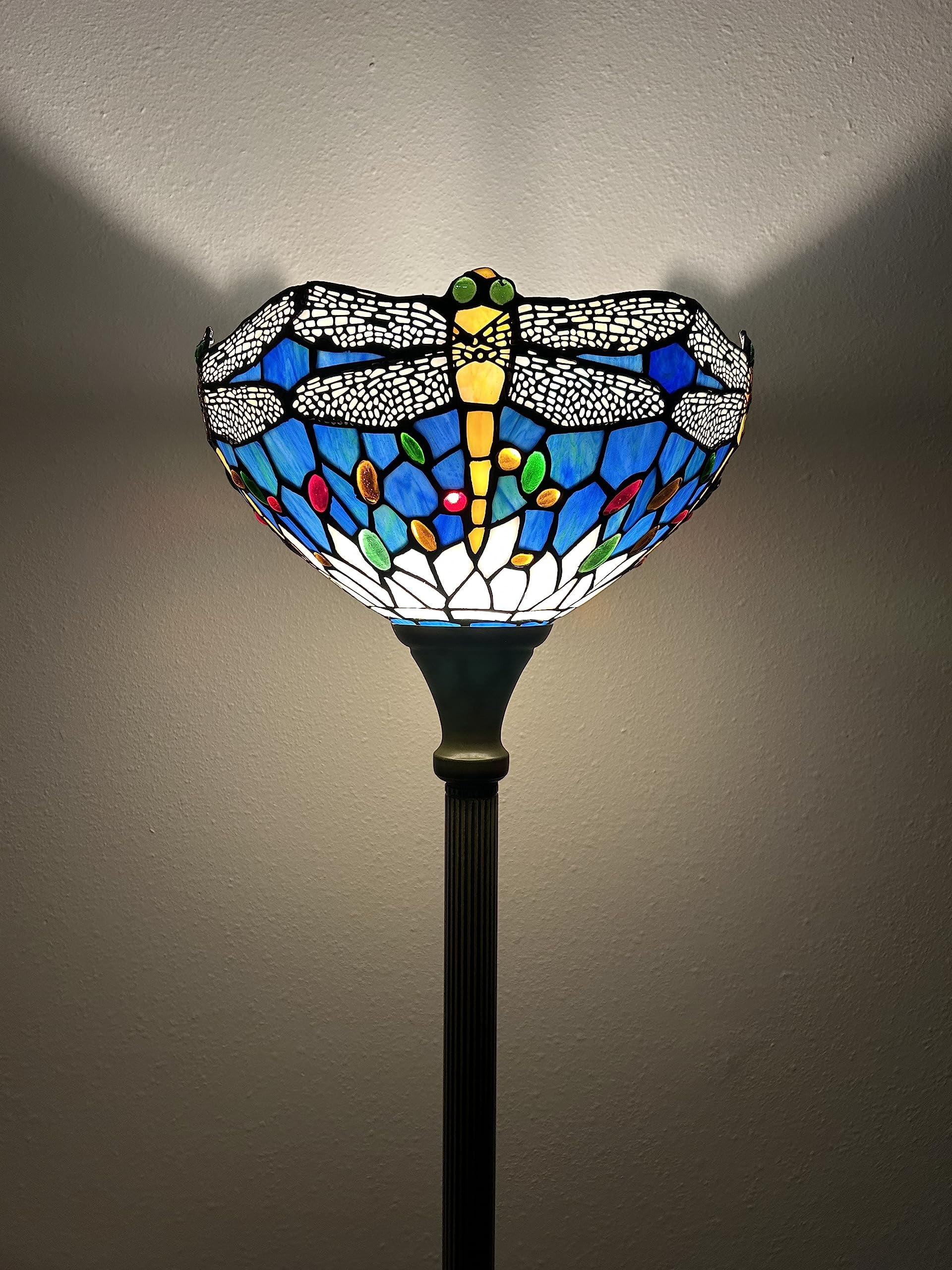 Tiffany Torch Floor Lamps Blue Stained Glass Dragonfly LED Bulb Included For Living Room Dining Room Bedroom 12"W*12"D*66"H