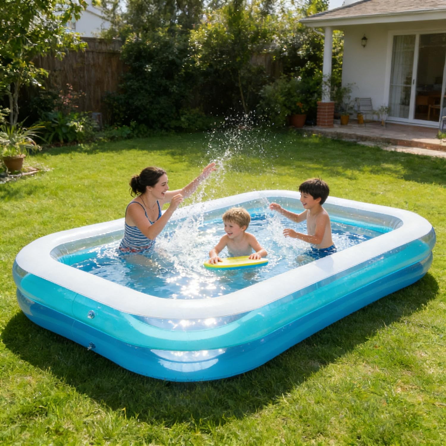 Kids Splash Pool Inflatable Rectangular, Extra Large BPA-Free PVC Family Pool with Easy Drain for Ages 3-12, Thickened Anti-Burst Backyard Summer Pool
