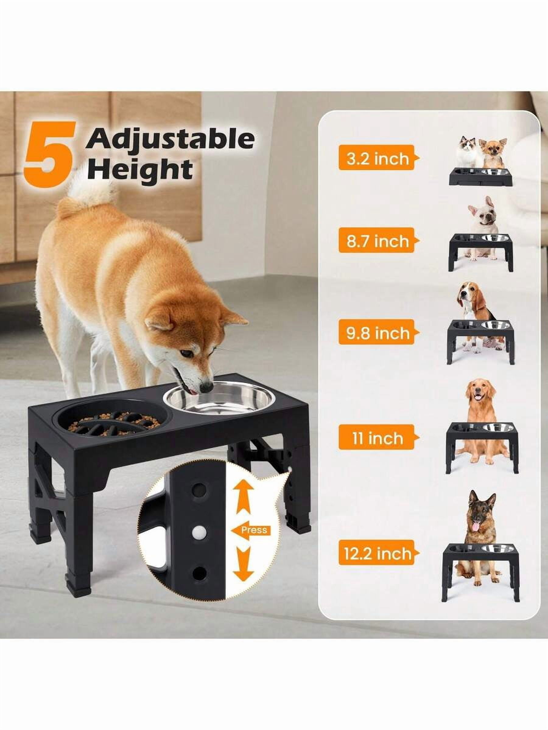 5-Height Adjustable Raised Dog Bowl Set - Includes 2 Stainless Steel Bowls + 1 Slow Feeder, Anti-Choke & Slow Feeding Design, Suitable For All Dog Breeds & Cats,Easy-Clean Materials