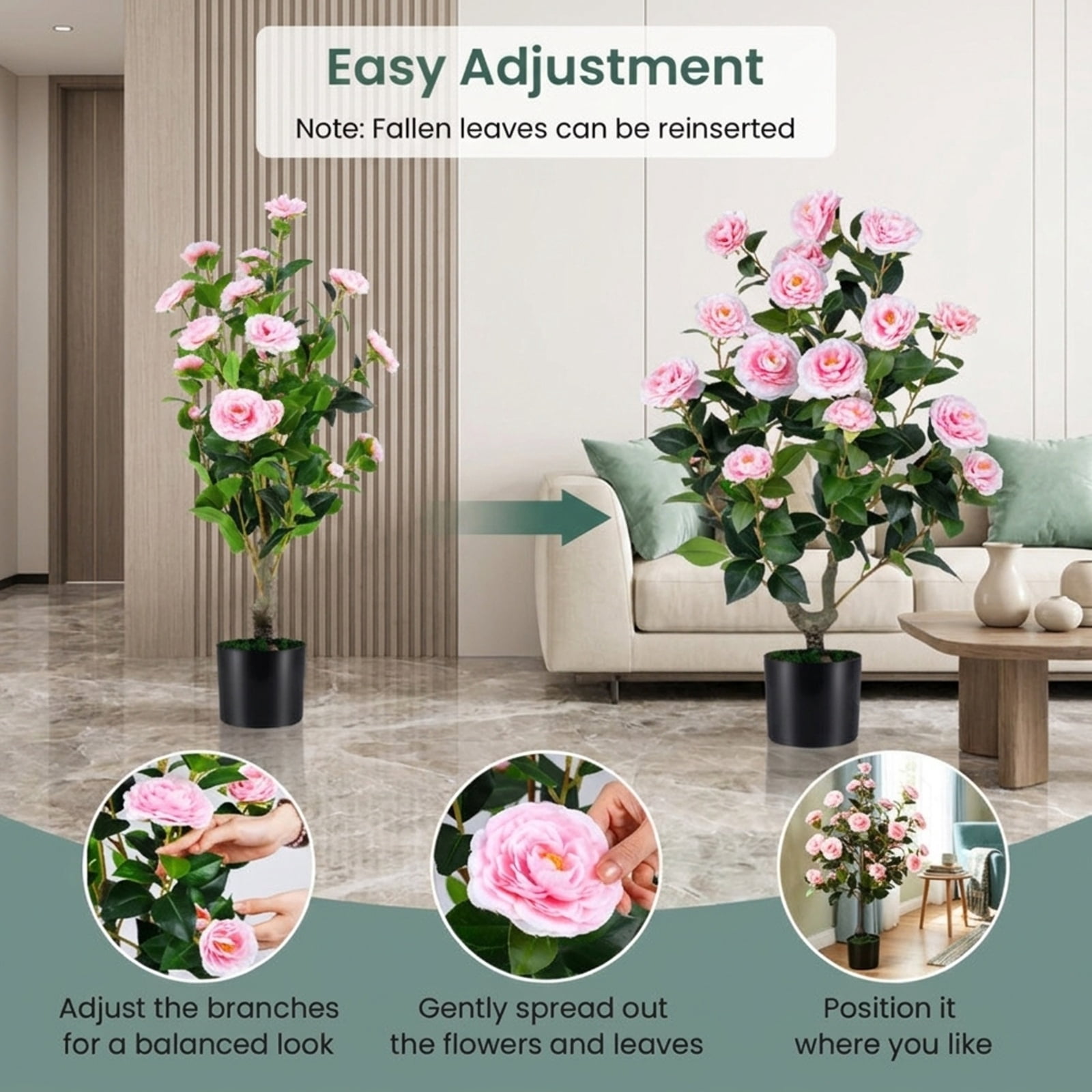 Vebreda Artificial Plant Decor, 2-Pack Artificial Camellia Tree Faux Flower Plant in Cement-Filled Pot, Lifelike & Elegant Design
