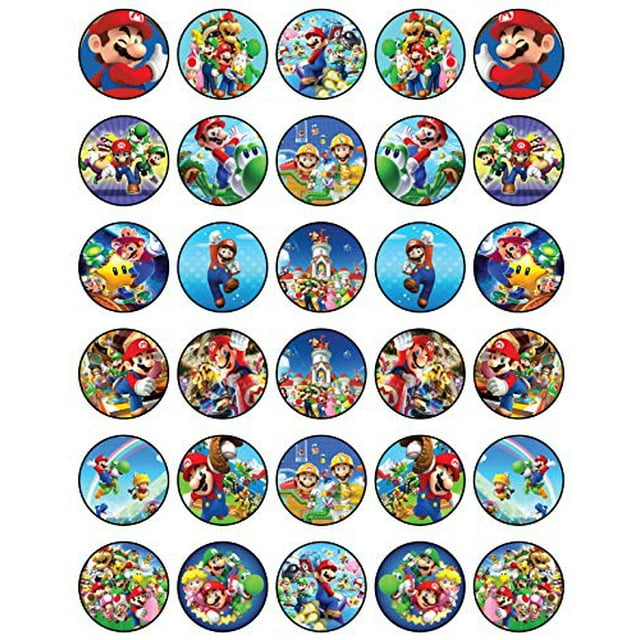 30 x Edible Cupcake Toppers Themed of Super Mario Collection of Edible