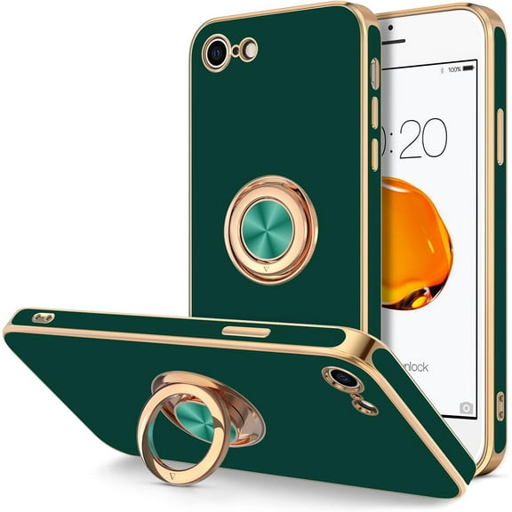 for iPhone SE 2022, iPhone SE 2020, iPhone 7 Case, iPhone 8 Case Ring Holder Stand Magnetic Kickstand, Plating Rose Gold Soft TPU Bumper Camera Protection Shockproof Phone Cases-Midnight Green