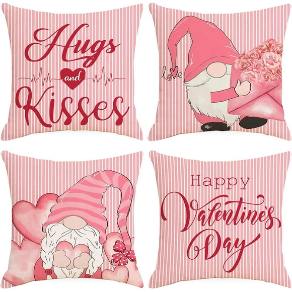 Valentines Pillow Covers 18x18 Inch Valentines Decor Set of 4 Pink Love Rose Heart Gnomes Hugs and es Happy Pillow Covers for Anniversary Wedding Cushion Case Decoration.