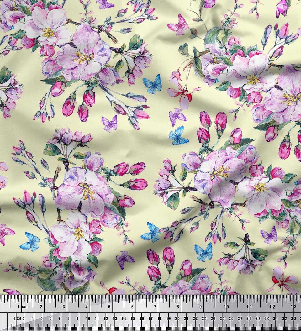 Soimoi Cotton Duck Fabric Leaves,Robin & Blossom Floral Print Fabric By The Yard 42 Inch Wide