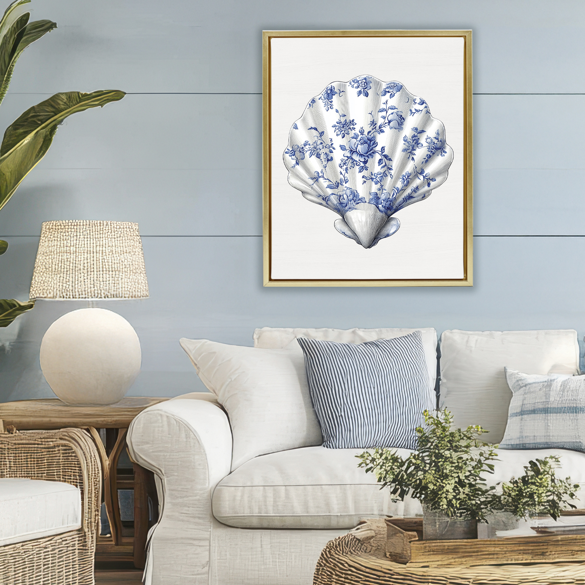 Funky Toile Seashell Gold Framed Floater Canvas Wall Art, design by Lettered and Lined
