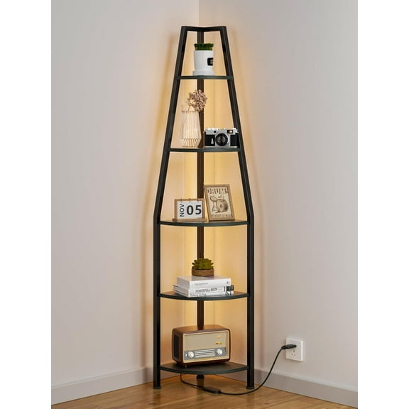 5 Tier Corner Shelf with LED Light, 67.2” Tall Standing Shelf for Wall Corner, Narrow Bookshelf Ladder Shelf for Bedroom, Living Room, Plant, Wood Storage Rack, Metal Frame (Black Oak)