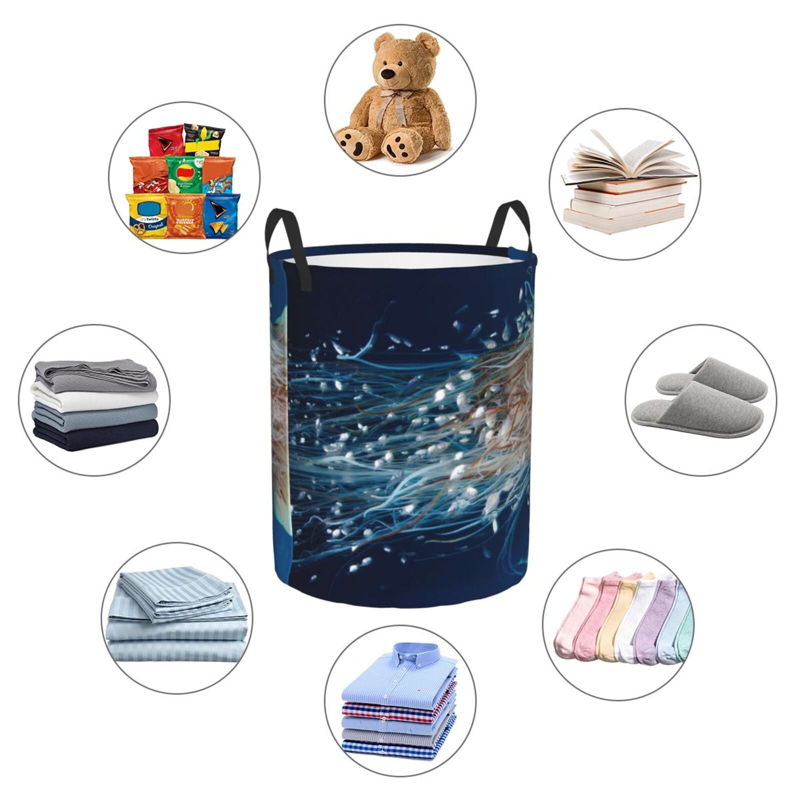 Large Laundry Basket with Handles - Ocean White Jellyfish Dansing Kids Baby Dirty Clothes Laundry Hamper for Bedroom Aesthetic