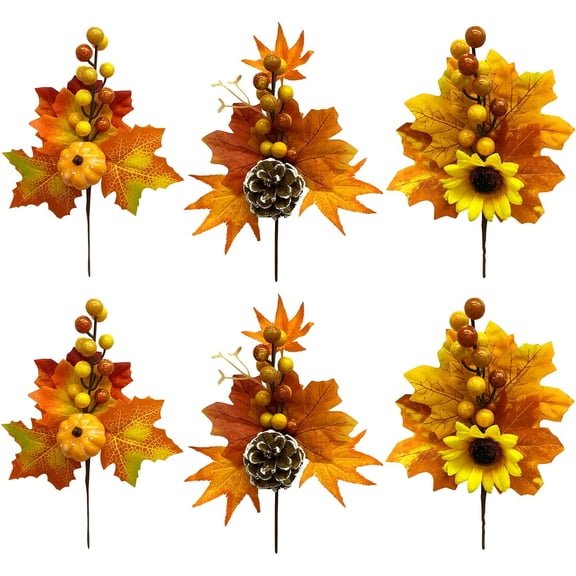 6 Pack Artificial Maple Leaves Branches Fall Floral Picks Autumn Pumpkin Berry Twig Stem with Pinecone for Thanksgiving Harvest Day Decoration DIY Floral Arrangements