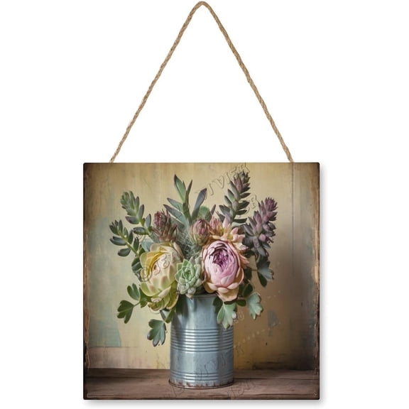Succulent Wall Art Wooden Sign Rustic Farmhouse Decor Flower Vintage Pictures for Bedroom Bathroom Kitchen Wall Decorations Bar Interior Decor 12"x12" Wooden Hanging Signs